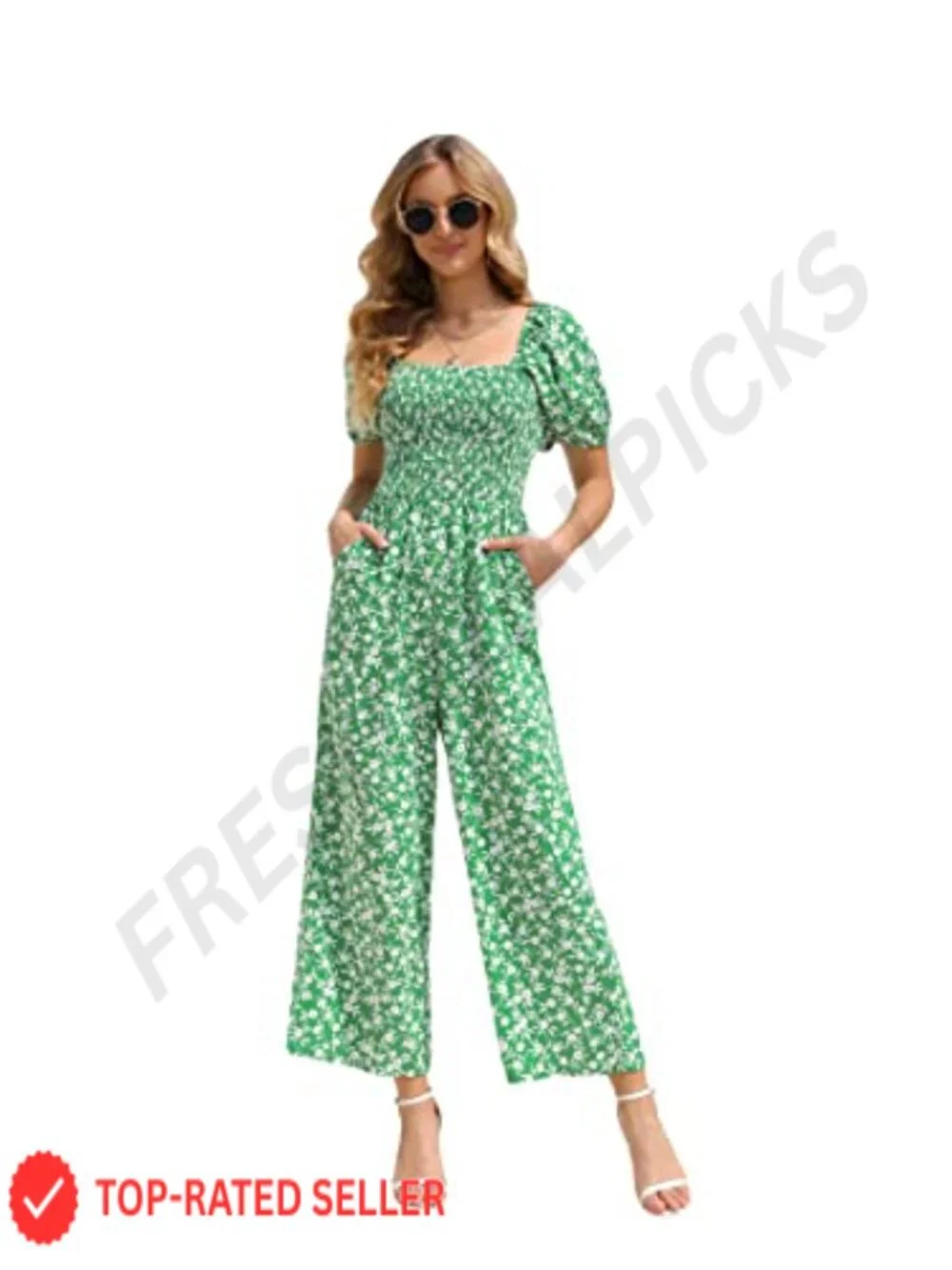 Floral Wide Leg Jumpsuit Smocked Square Neck Short Sleeve One Piece Romper